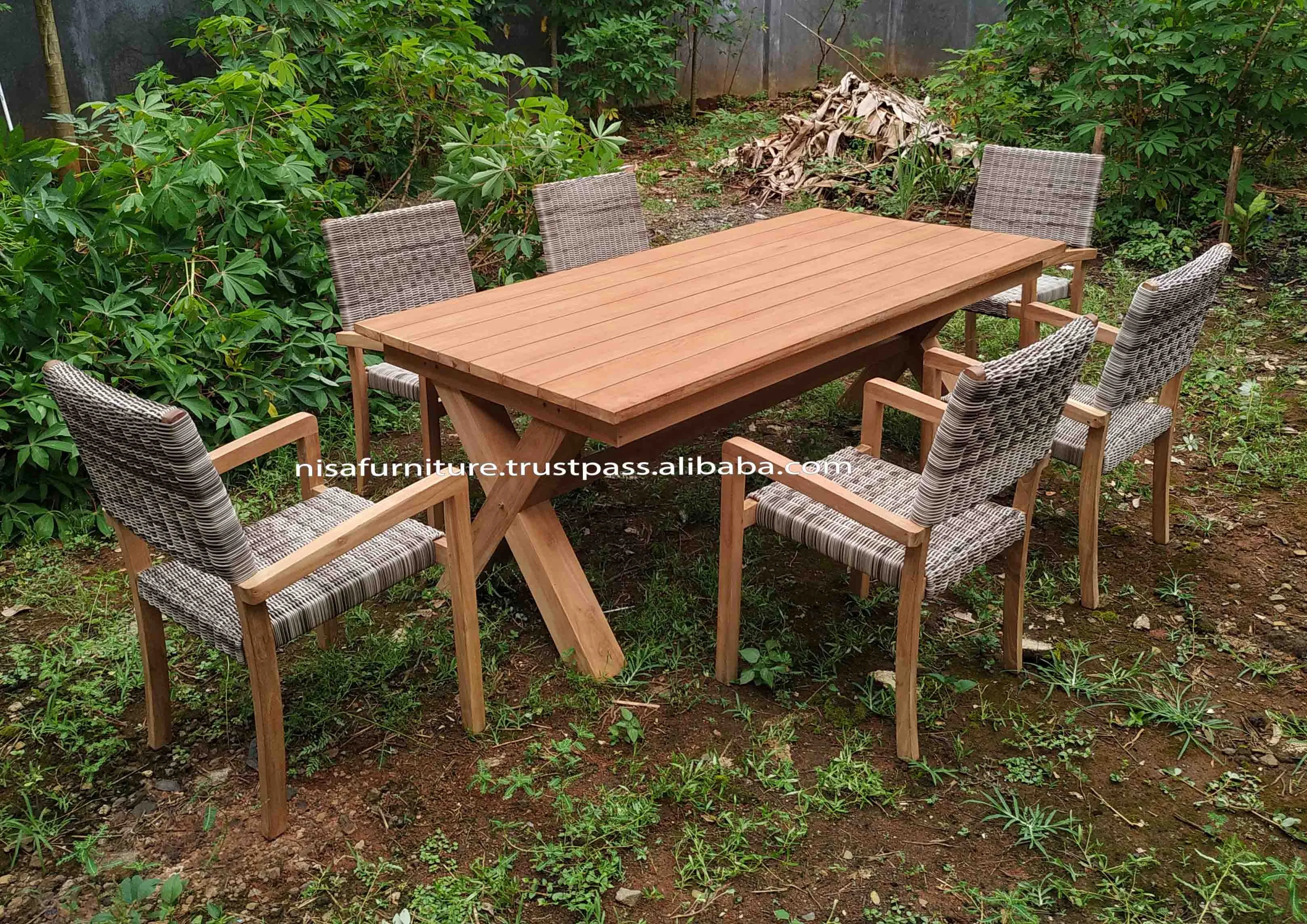 Modern X-leg Wooden Table 6 Rattan Dining Chairs Outdoor Garden Furniture Set with Teak Wicker PE Material for Hotels Exteriors