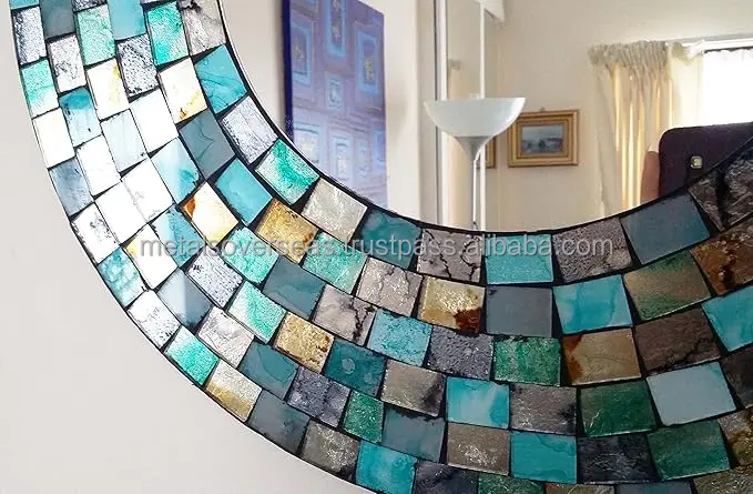 Modern Luxury round Wood Framed Glass Mosaic Hanging Mirror Large Decorative Wall Mounted Home for Living Room Bedroom Bathroom