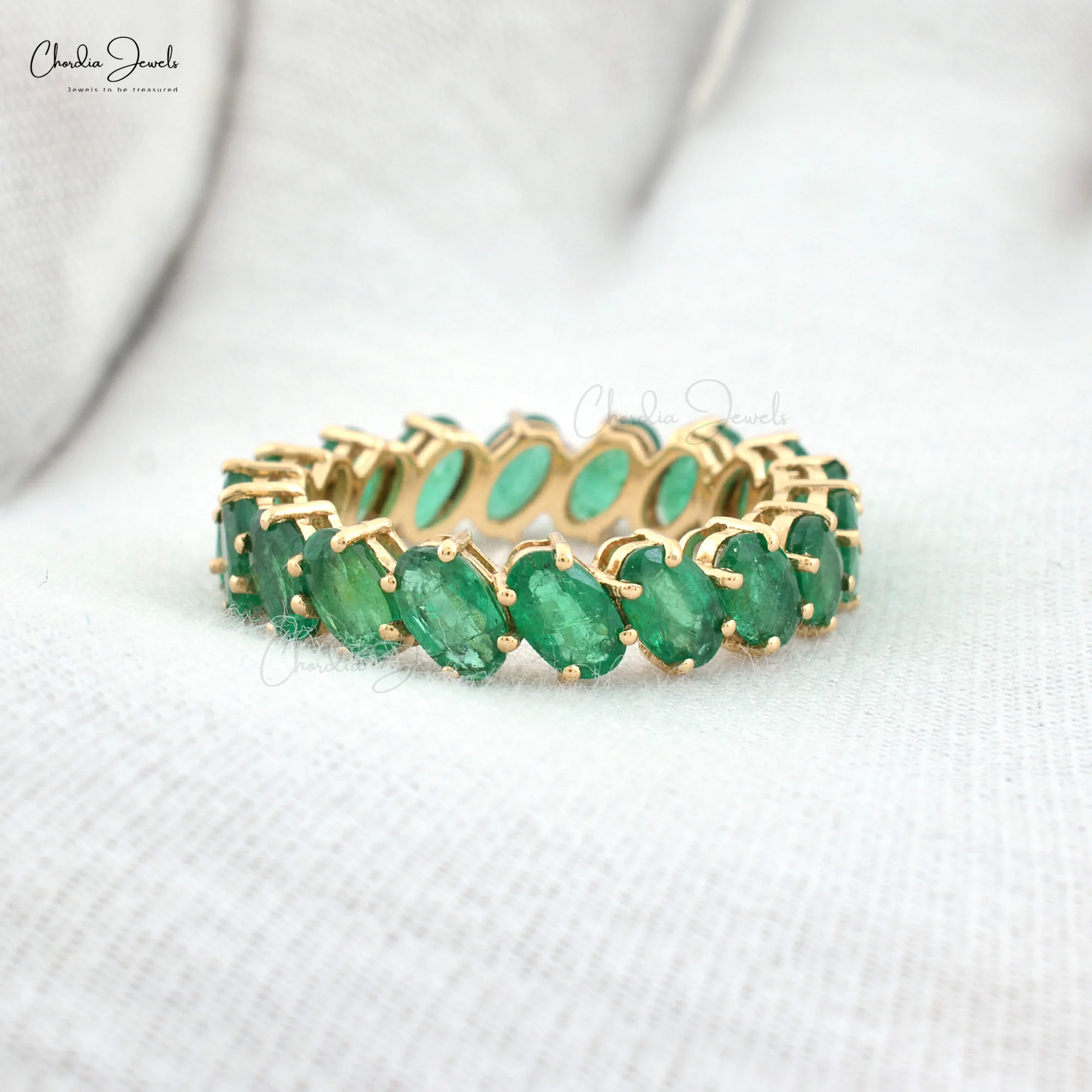 Buy Genuine High Quality Oval Cut Natural Green Emerald Ring 14k Yellow Gold Engagement Ring Eternity Wedding Band For Women