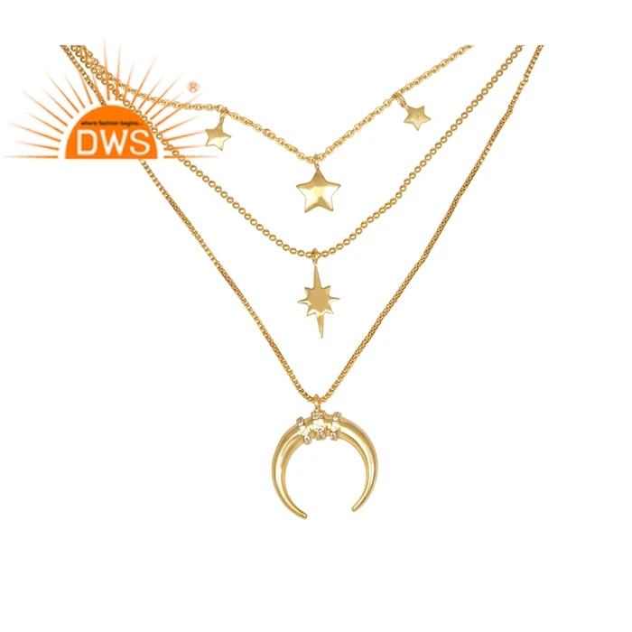 White Zircon Set Moon And Star Charms Triple Chain Brass Gold Plated Necklace Jewelry Wholesaler