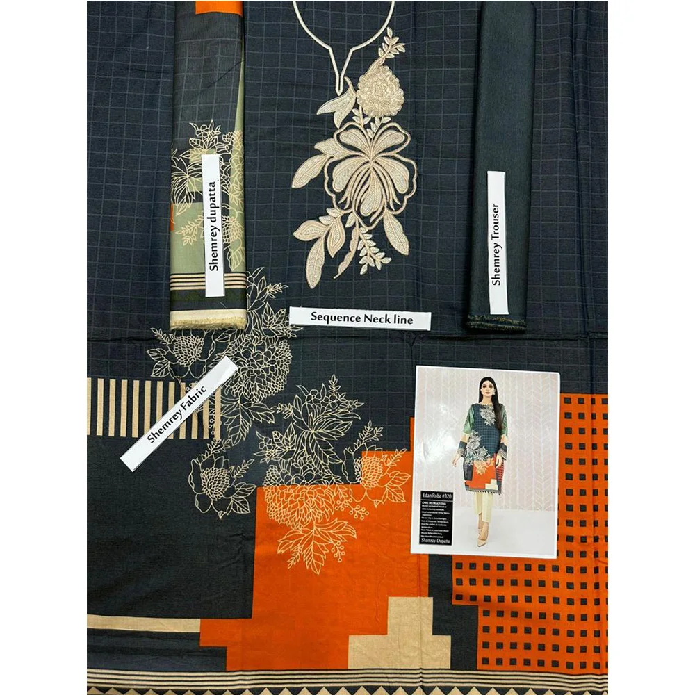 wholesale Pakistani Indian Style printed Suits 3 piece Stitched Printed Salwar Kemeez over Sequence Neckline and Chiffon Dupatta