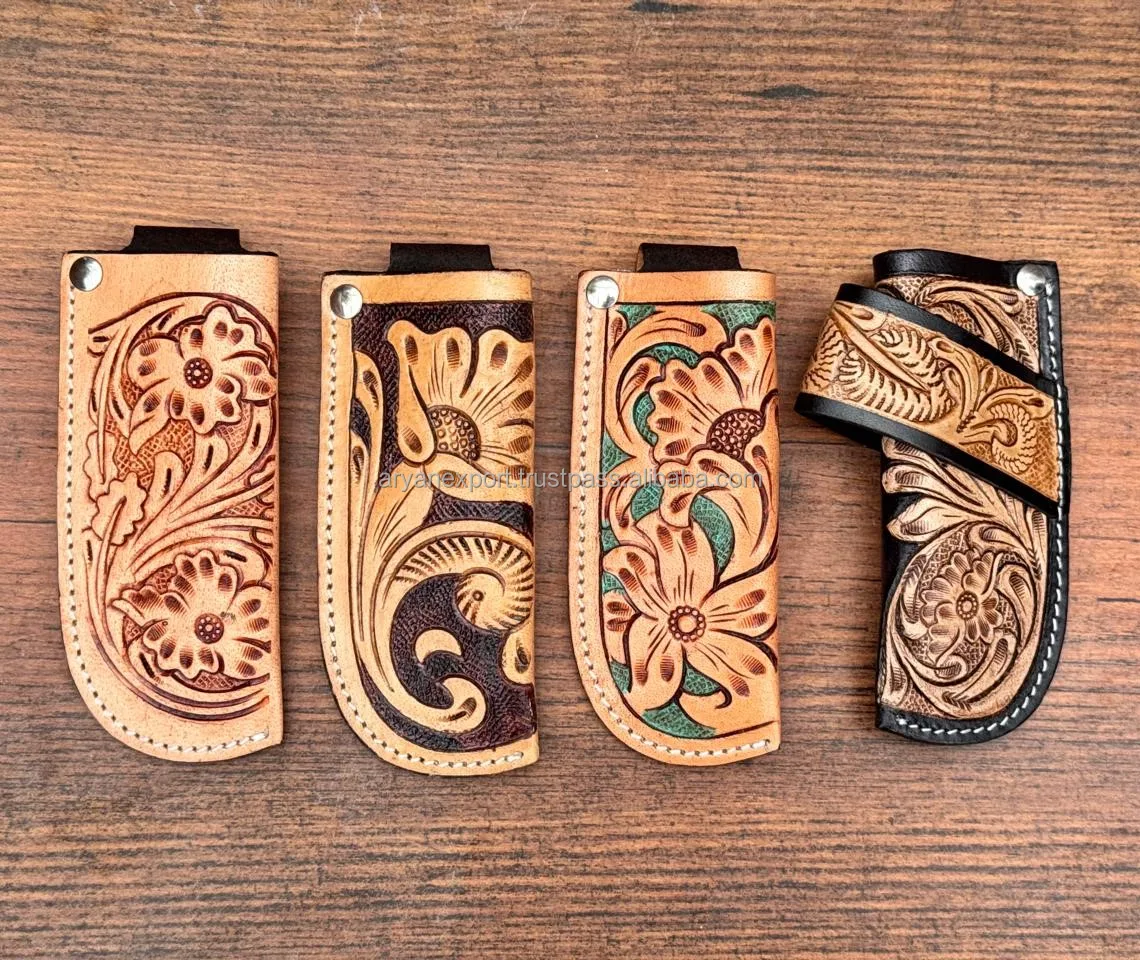 New Western Tan Tooled Leather Knife Scabbard Genuine Leather Folding knife Sheath Handmade Cowhide Belt Trapper Knife Sheath