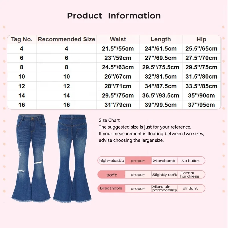 4-16 Years Kids Girls Pants Manufacturers Jeans Half Pants Stylish Clothing Ripped Denim Bell-Bottom Long Pants