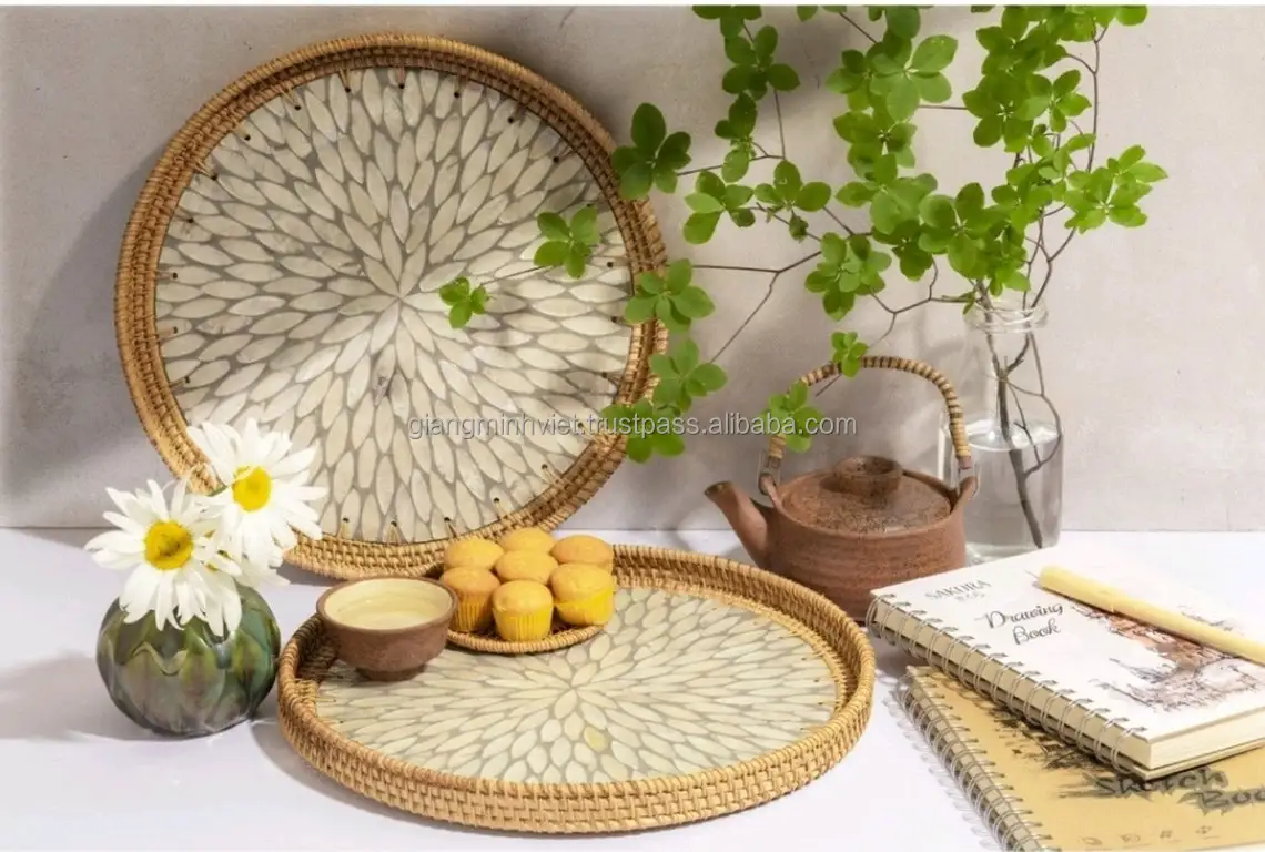 Amazon Packing Customize Logo Rattan Wicker Tray with Mother of Pearl Inlay Manufactured in Vietnam