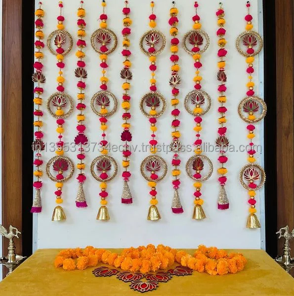 Lotus Beads Pom Pom Bell Wall & Door Hanging Diwali Pooja Decoration Wedding Backdrop Garland Office, Housewarming, Party Favor