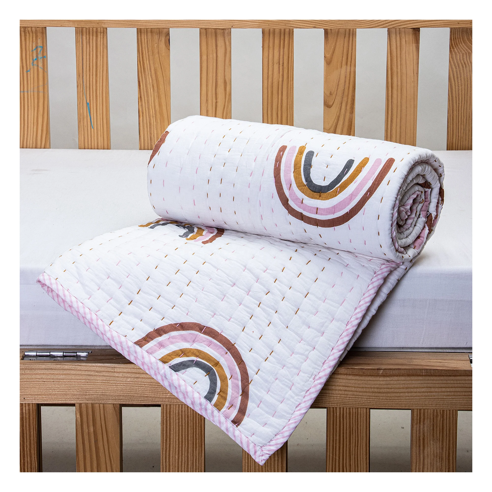 New Collection of Kantha Baby Quilt Hand Block Printed Cotton Handmade rainbow Print Soft