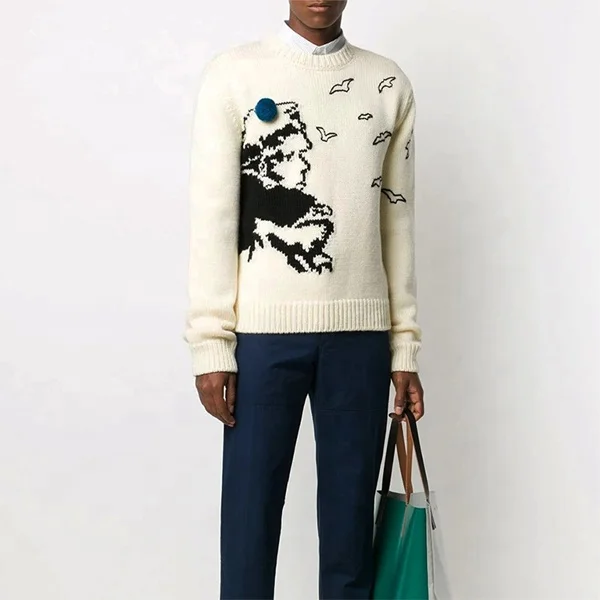 2021 Custom Streetwear Knitted Sweater Men Couple Outfit Oversized Fire Jacquard Wholesale Sweater