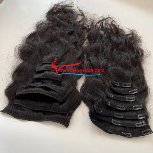 Hot product Black Natural Wavy Clip-in Hair 100% Vietnamese human Hair Extensions wholesale price no tangle shedding large stock