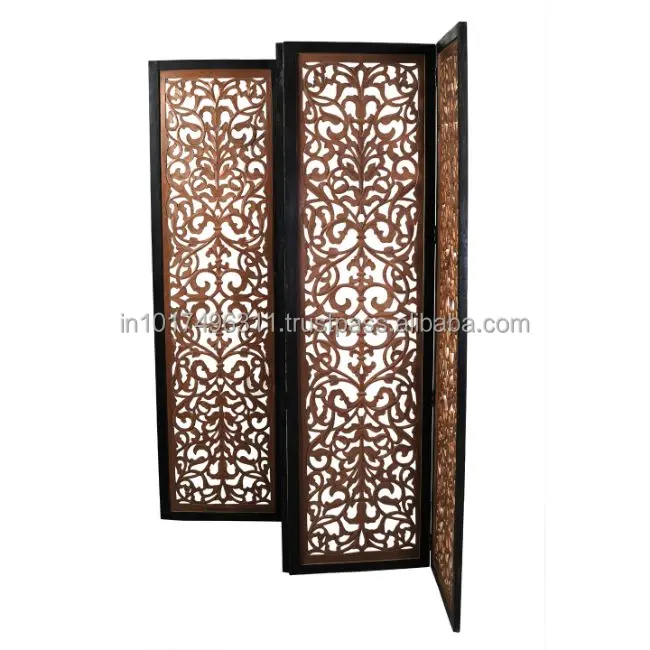 Handcrafted 4 Panel Room Partition (Brown) Solid Wood Decorative Screen (Free Standing)