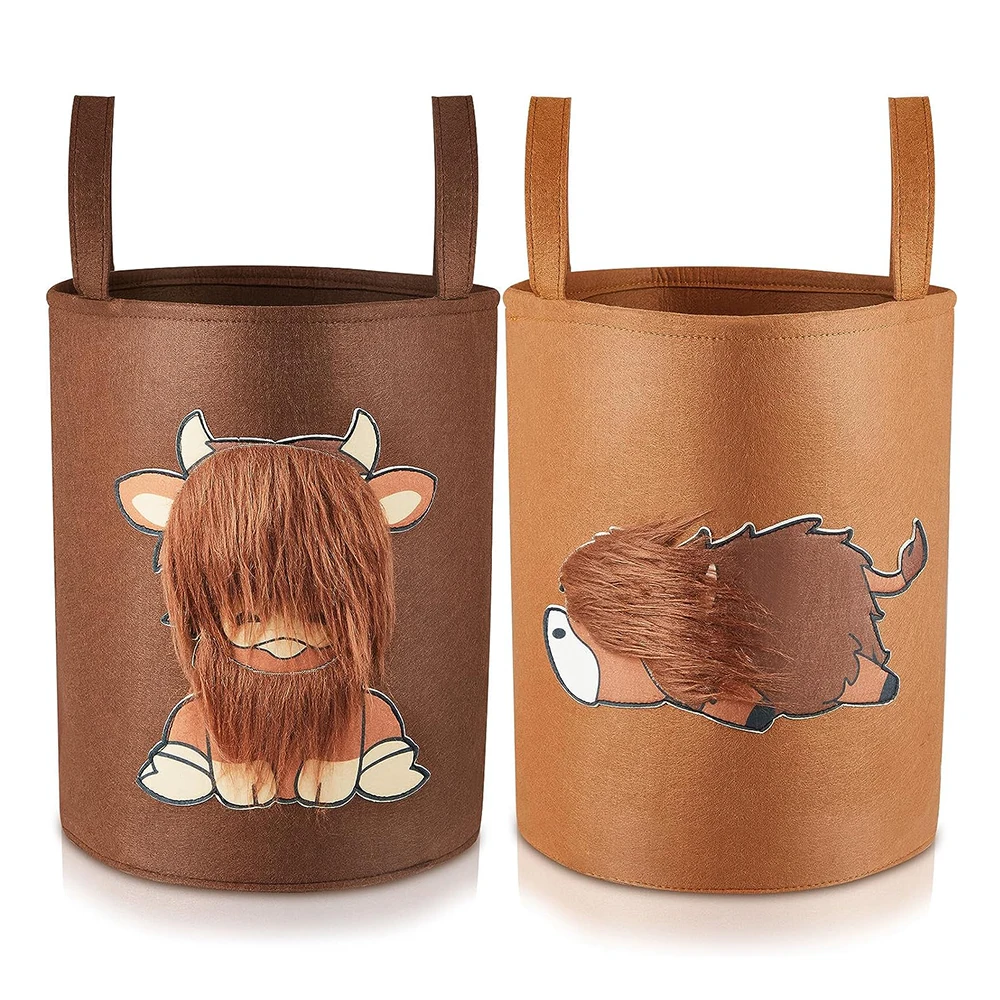 Long Hair Farm Animal Laundry Room Organizer Felt Highland Cow storage Basket for Closet Shelf