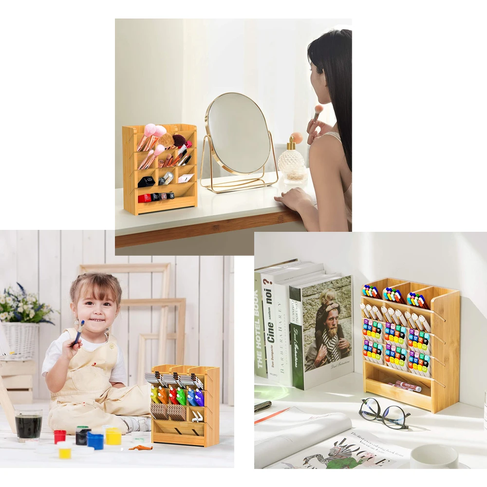 Desk Organizer With 13 Drawers Wooden Pen Holder for Pencil Marker Bamboo Desktop Stationary Organizer for Home Office