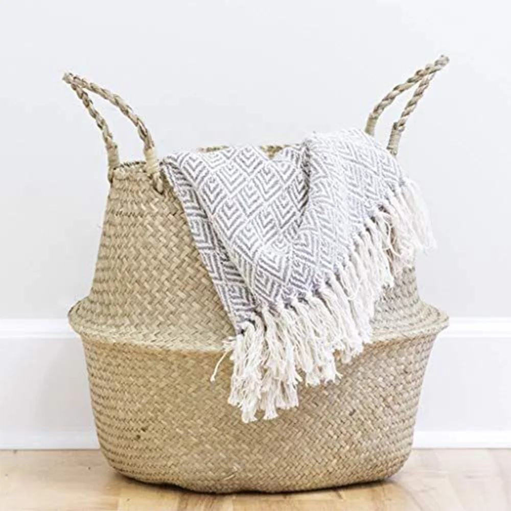 Natural Round Woven Seagrass Belly Basket for Storage, Laundry, Picnic, Plant Pot Cover
