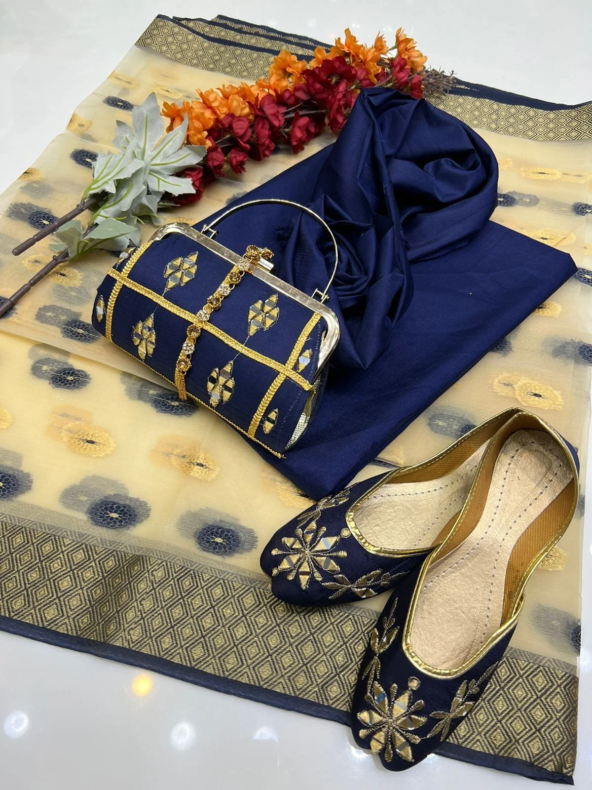 Pakistani Women Clothing 3 Piece Kattan Silk Suit with Printed Organza Dupatta with Clutch & Khussa