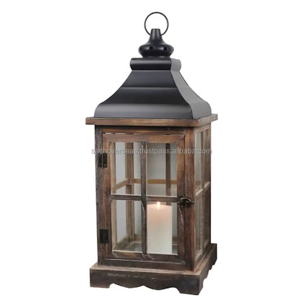 Exclusive Wood Candle Holder Lantern with Flat Black Metal Top