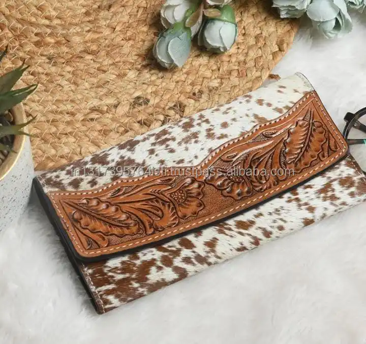 Best  selling vintage tooled fur leather clutch carved leather wallets leather clutch women designed purse
