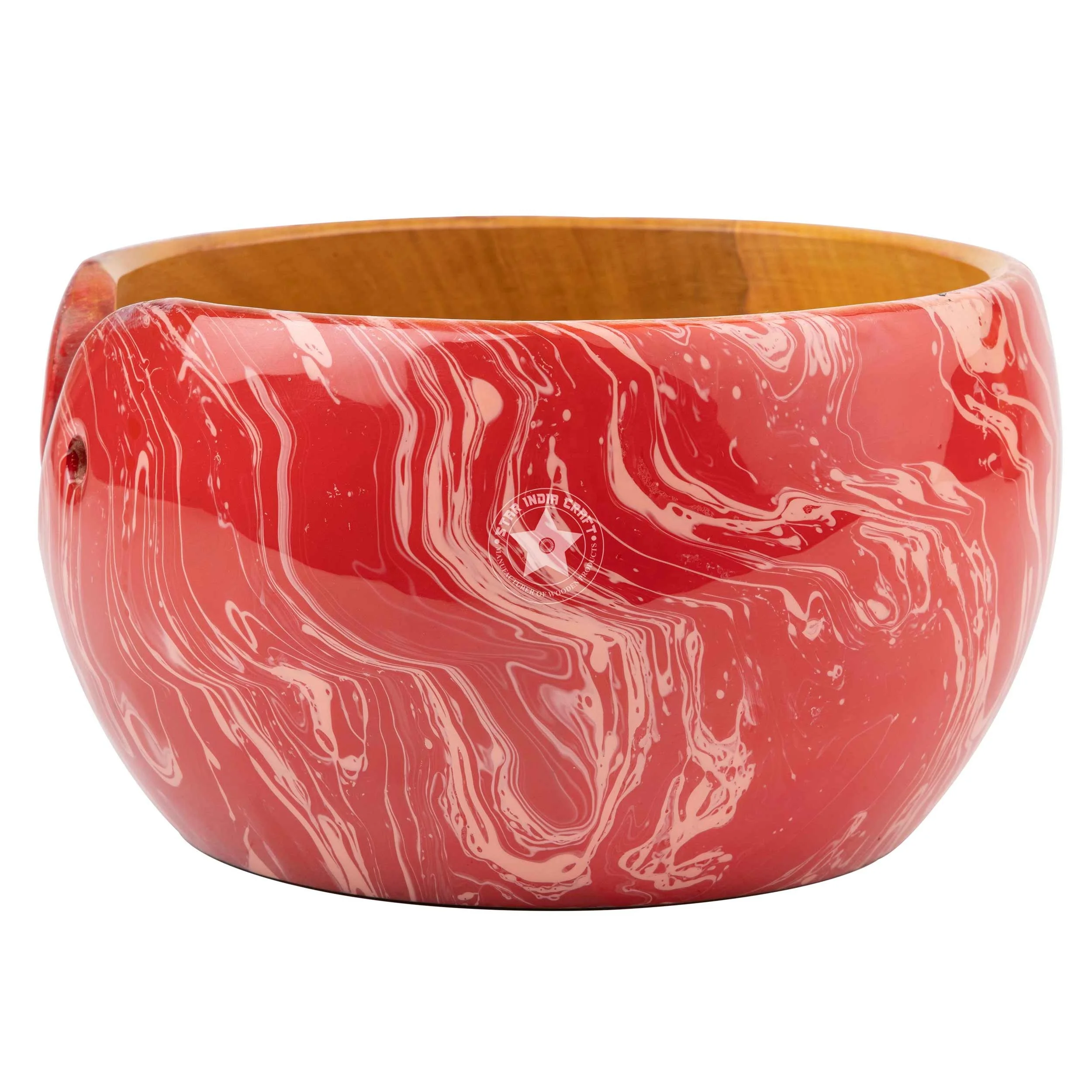 Eco friendly Bowl  handcrafted  Red Dip Color Wooden Handmade Bowl with Hole for Knitting  Perfect for Tangle-Free Knitting.