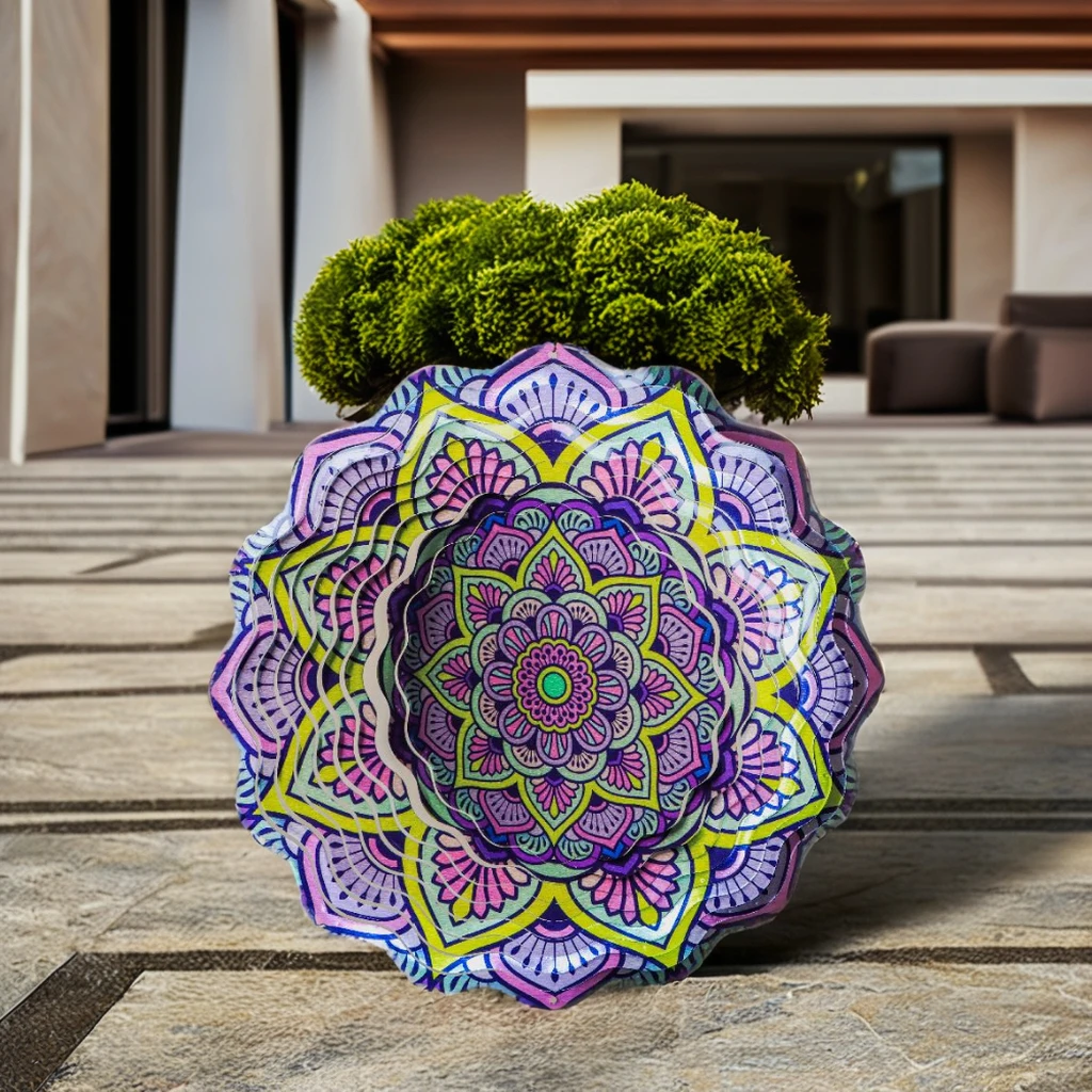 Brilliantly Colored Steel Wind Spinner Mandala Indoor/Outdoor Garden Decoration for Tranquil Spaces and Weddings