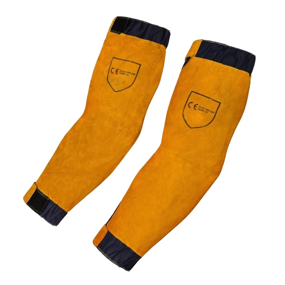 Yellow Long Sleeves Custom Sizes Safety Leather Hand Sleeves Heat And Cut Resistant Leather Welding Sleeves