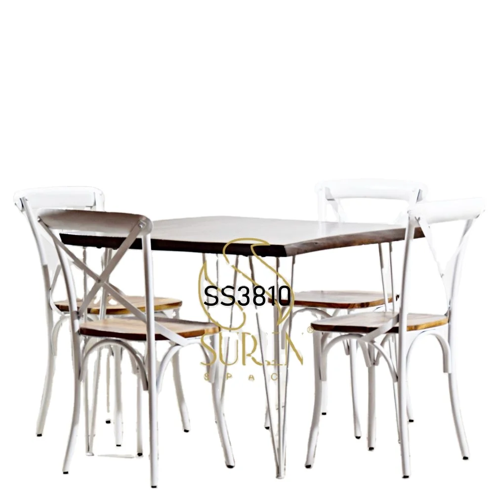 2023 New Arrival Best Quality Restaurant Furniture Handcrafted Wooden Dining Table and Iron Base Four Chair Set