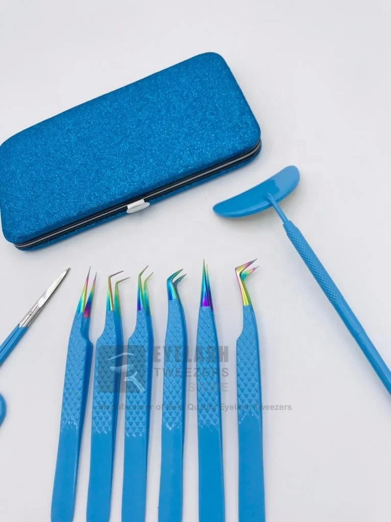Sky Blue Color Coated With Rainbow Tip Sustainable Steel Diamond Grip Private Label Eyelash Extension Tweezers Lash Tweezer