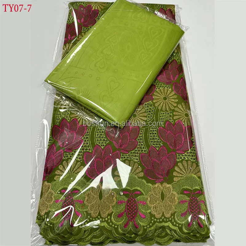 TY07   bazin rich african fabrics Swiss Voile Cotton Lace  Damask Guinea Brocade Lace Fabric 5+5Yard