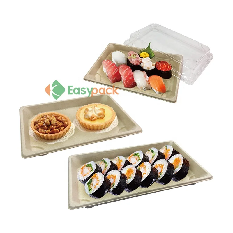 Disposable rectangular bagasse plate takeout box for sushi