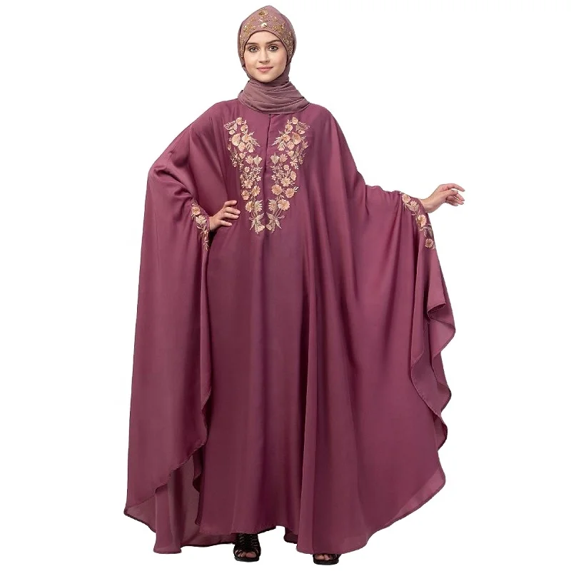 Latest Islamic Satin Plain Kaftan Embroidery Robes Muslim Maxi Dress Ladies Abaya Long Sleeve Ethnic Clothing