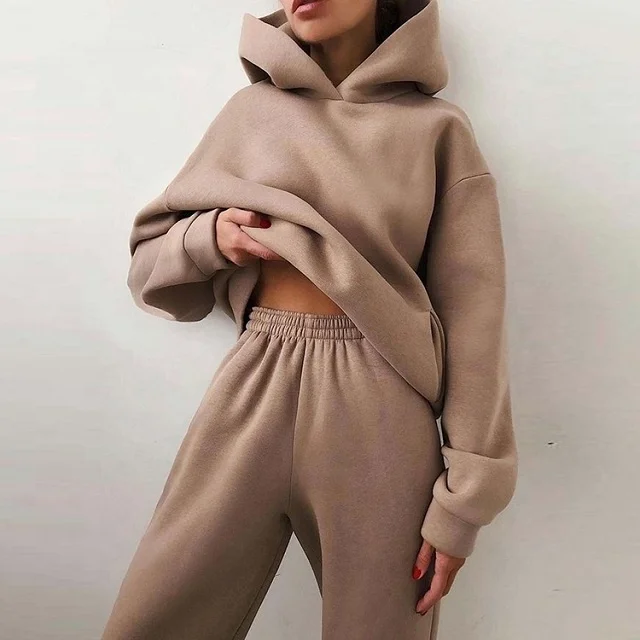 custom  fleeced sweat pant and hoodie jogging suit sets Winter solid plain women custom tracksuit  custom unisex sweatsuit set