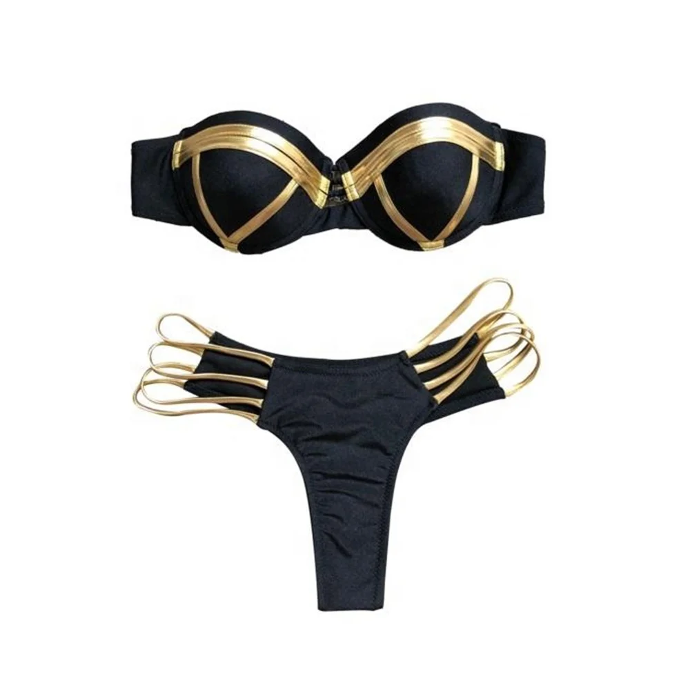 Women 1 Set Bikini Swimwear Super Soft Wear Resistant Nylon Bikini Bra Panties Set Solid Bathing Suit for Girl Pink Gold Bikini