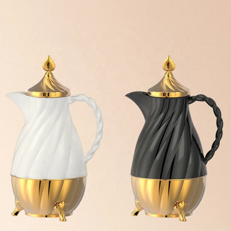 White and Gold Glass Liner Luxury Moroccan Style Vacuum Insulated Thermos Flask with Spout