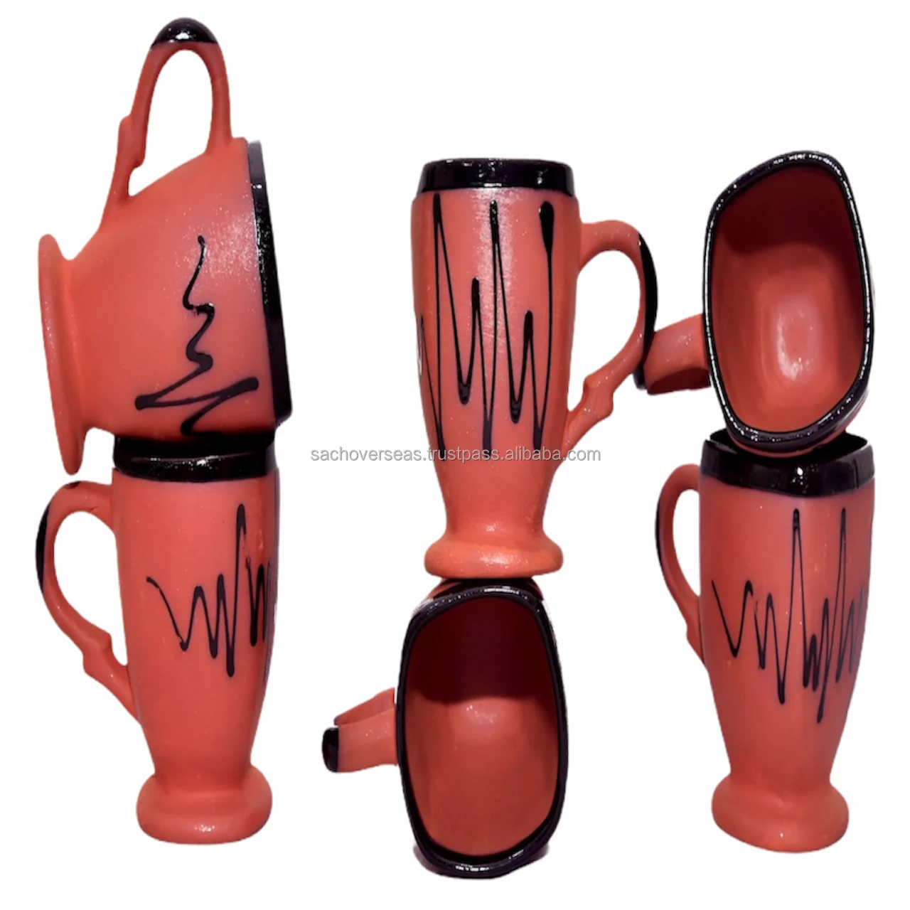 Handmade Organic Glazed Natural Clay Mud Tea Coffee Cup with Black Colour Painting Design for Sale, Set of 6 Pieces