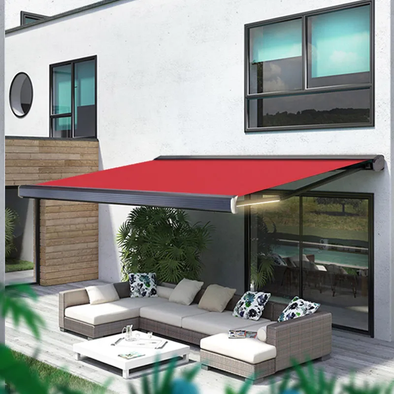 Motorized uv protection retractable folding arm awnings outdoor heat resistant heavy duty cassette awnings