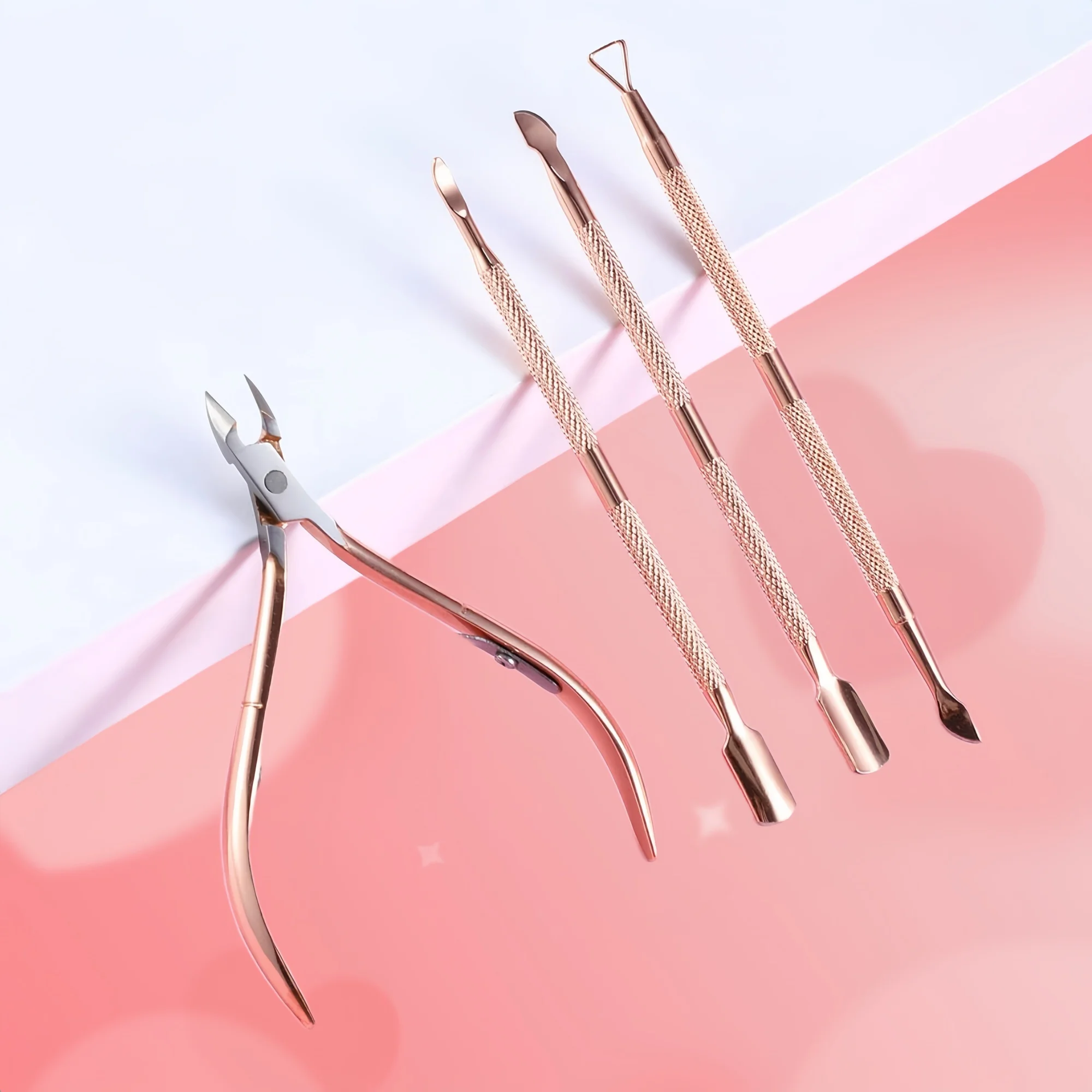 Rose Gold Stainless Steel Cuticle Nipper Pusher Manicure Set, Nail Art Clipper Care Cleaning Tool for UV Gel Polish Removal