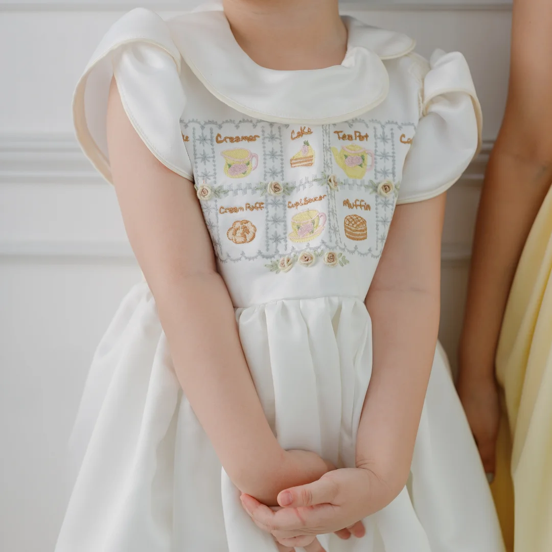 Taffeta Multi Layer Baby Girl Dress Machine Embroidery Milk Tea And Cartoon White Short Sleeve Evening Gown Children Clothes-Pam