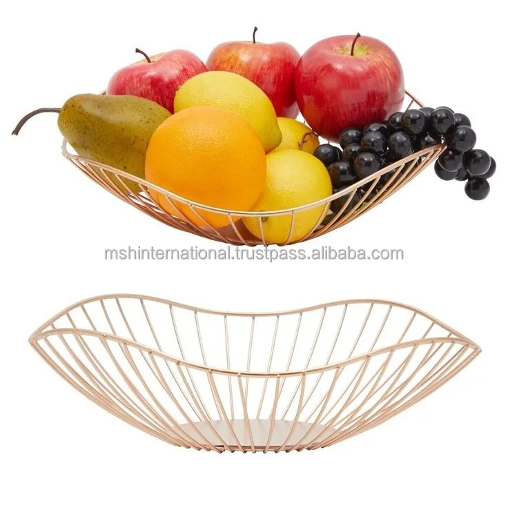 Manufactory High Quality Special Pattern Countertop Gold Wire Fruit Basket Metal Iron Food Fruit Storage Basket In Bright Golden