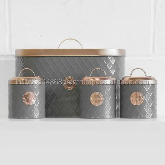 Metal Bread Box for Kitchen Storage Grey & Copper Embossed Kitchen Canister- Perfect Bread Keeper