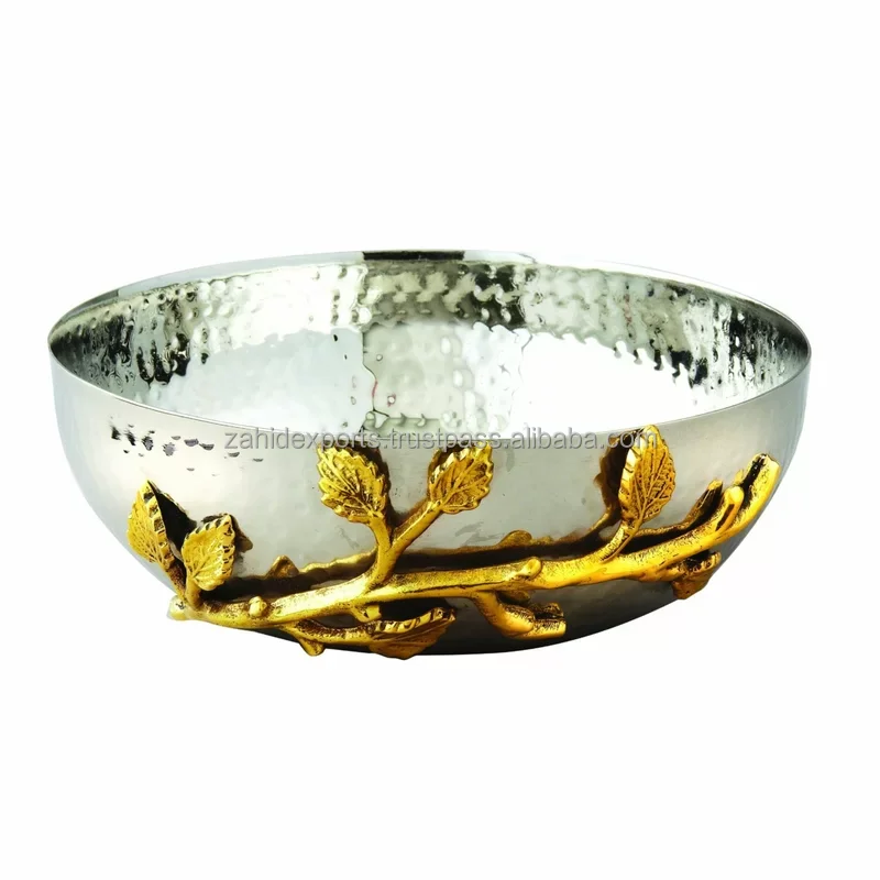 Handmade leaf handle dinnerware metal stainless steel and aluminium silver and gold plated metal food serving bowl Zahid Exports