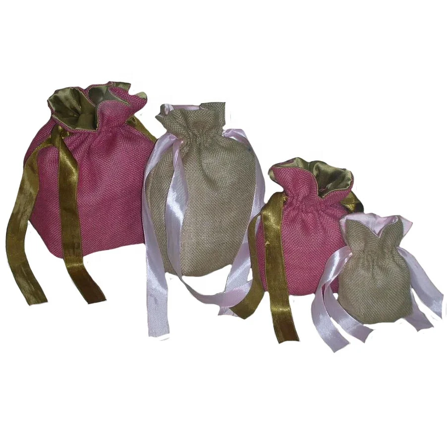 Stylish Satin-Lined Ribbon String Closure Eco-Friendly & Re-usable Natural Jute Drawstring Bag Jewelry Packaging Gift Pouches