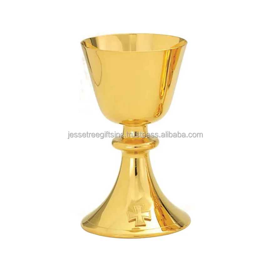 Brass Church Chalice With Shiny Polish Finishing Round Shape Simple Design With Cross Inlay on Base Premium Quality For Drinking