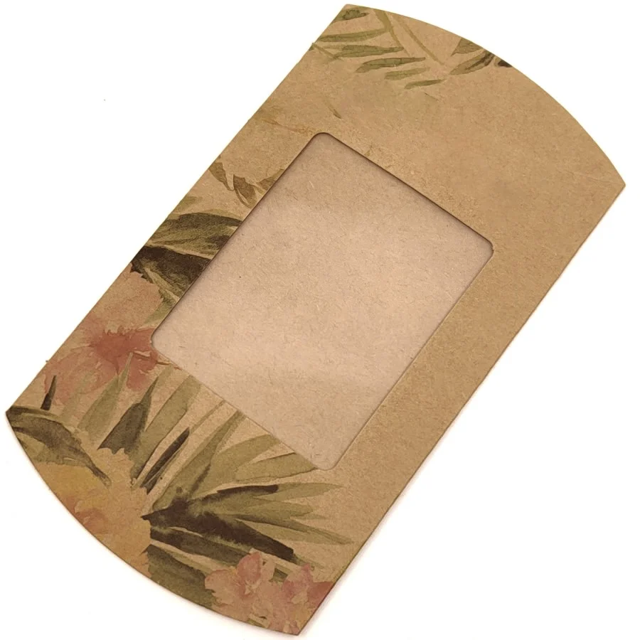 Beautiful Vintage Floral Design Kraft Paper Snack Packaging Pillow Box With Transparent Window