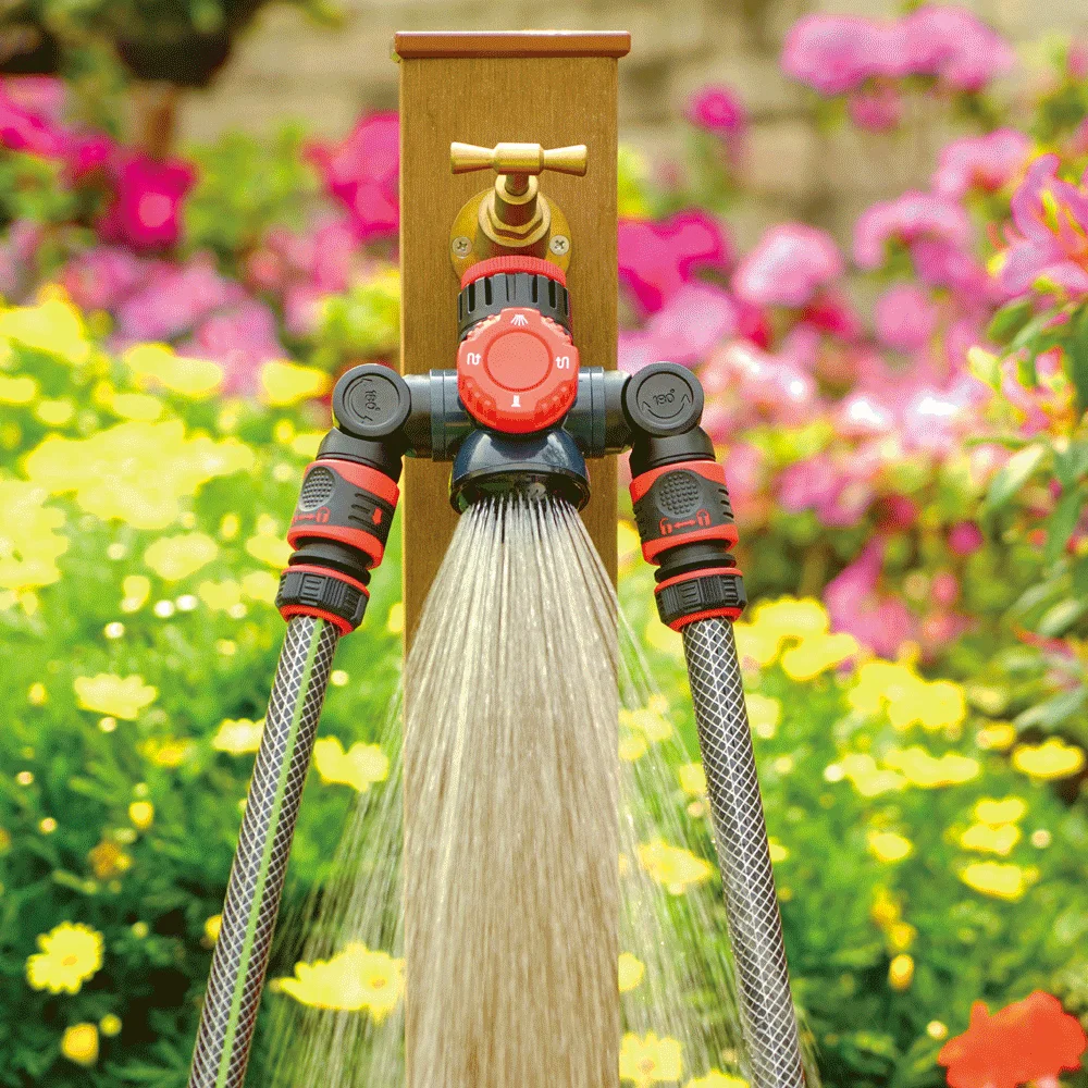 Multifunction 3/4 Tap Adaptor with Two Hose Quick Connectors with 180 and 360 Degree Shower and Center Pattern Hose Connector