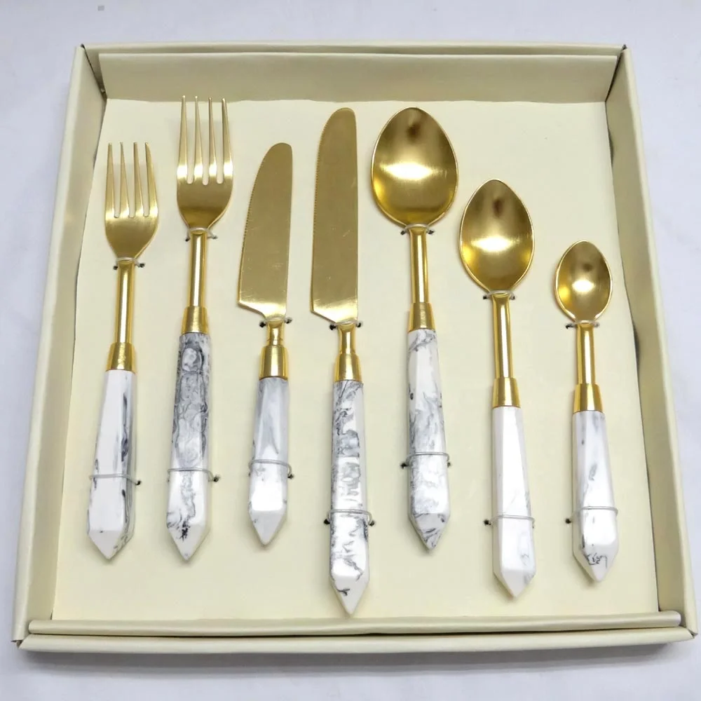 Plain Black Handmade Resin Handle Stainless Steel Gold Plated Designer Seven Piece Flatware Set in a Gift Box