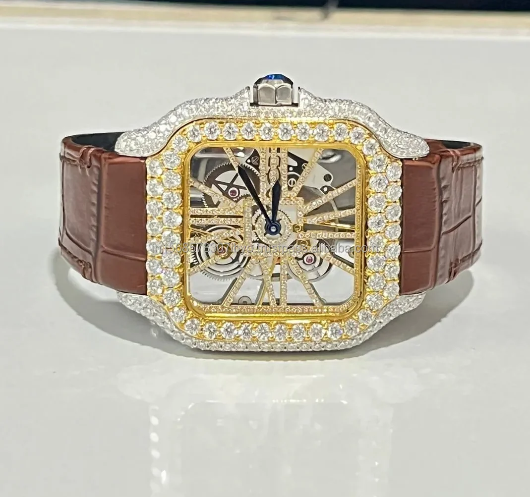 Half Iced Out Yellow gold Dial VVS Moissanite Mechanical Wrist Watch Featuring Transparent Trendsetters mechanical Diamond Watch