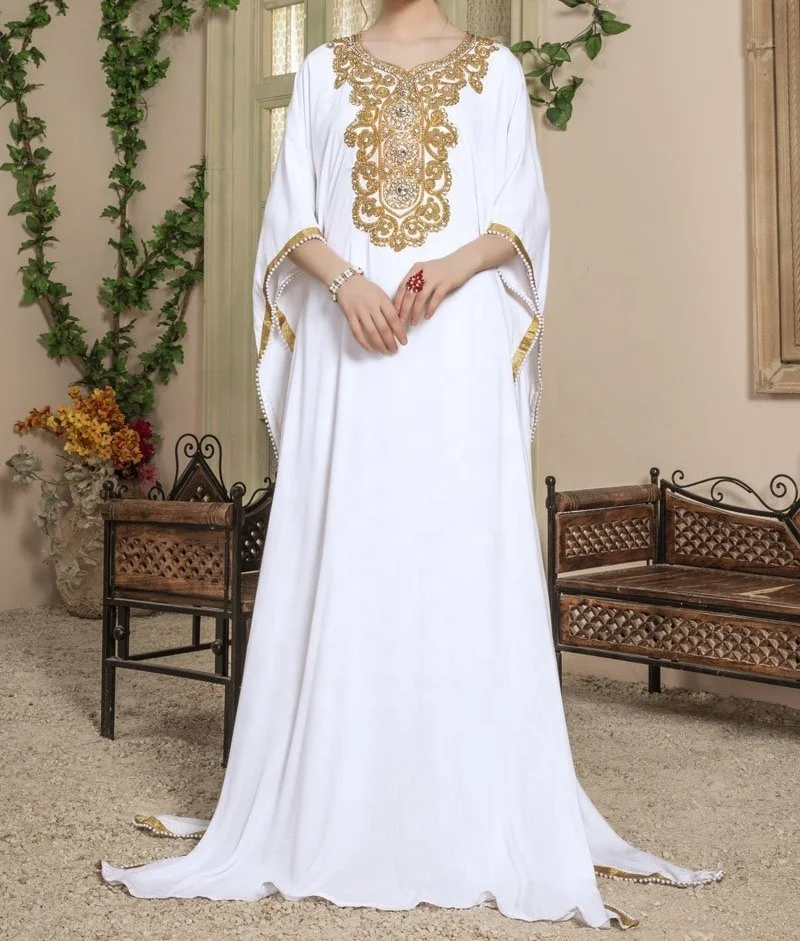 Super Trendy White Caftan Long Gold Beaded Dress Kaftan Maxi Dress Dubai Traditional Muslim Clothing Accessories Wedding Evening
