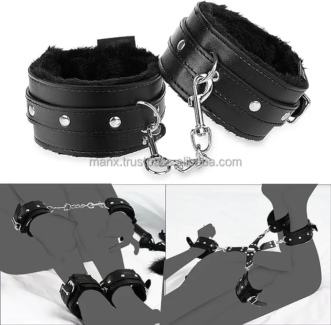 Sex Bondage Kits, BDSM Restraint Toys 7 Pcs, Handcuffs, Ankle, Cuffs, Clamps, Leather, Restraints Set, BDSM Kits (Black)