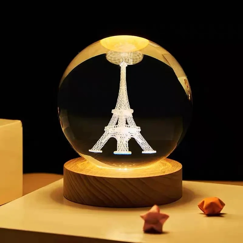 60mm Inner Art Custom 3D Engraved K9 Crystal Clear Glass Ball Beautiful Home Decoration with Wooden LED Base for Art Theme Gift