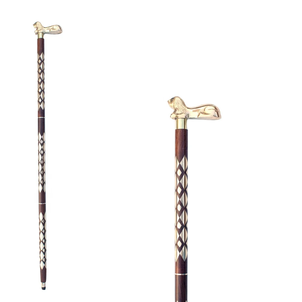 Brass Lion Handle Classic Handmade Carved Wooden Walking Stick Polish Finished Hiking Stick for Old age men women daily use