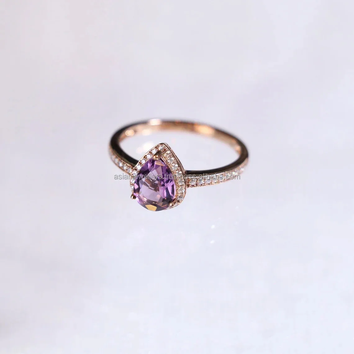 925 Sterling Silver Pear Amethyst Halo 14K Rose Gold Plated Natural Amethyst Engagement Halo Ring handmade silver jewelry