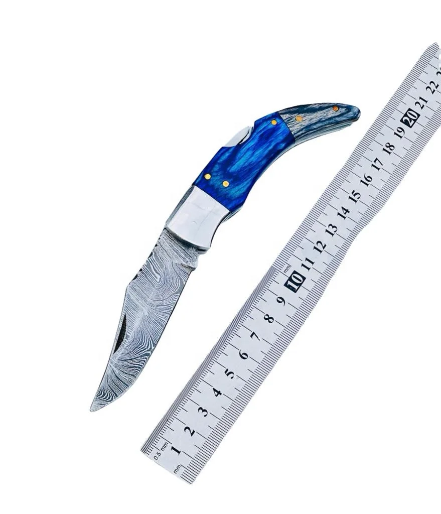 New Custom Handmade Damascus Steel Blade Back Lock Mechanism Folding Pocket Knife With Leather Case