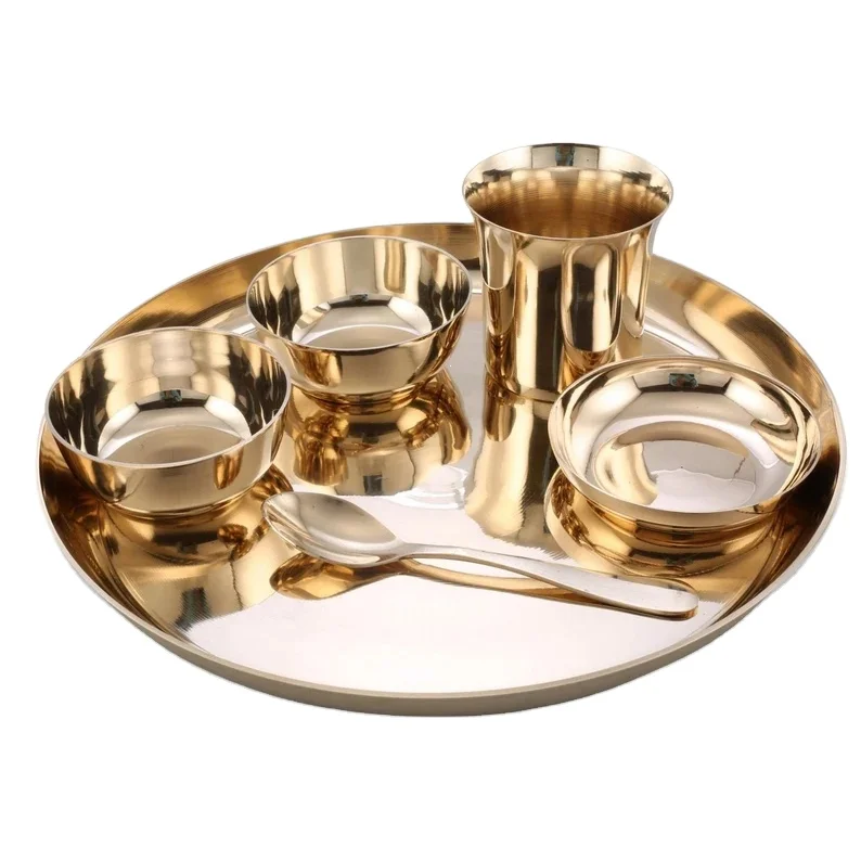 Handmade metal pure bronze decorative safe plate/Thali with bowls dinnerware plates for hotel ware supplier